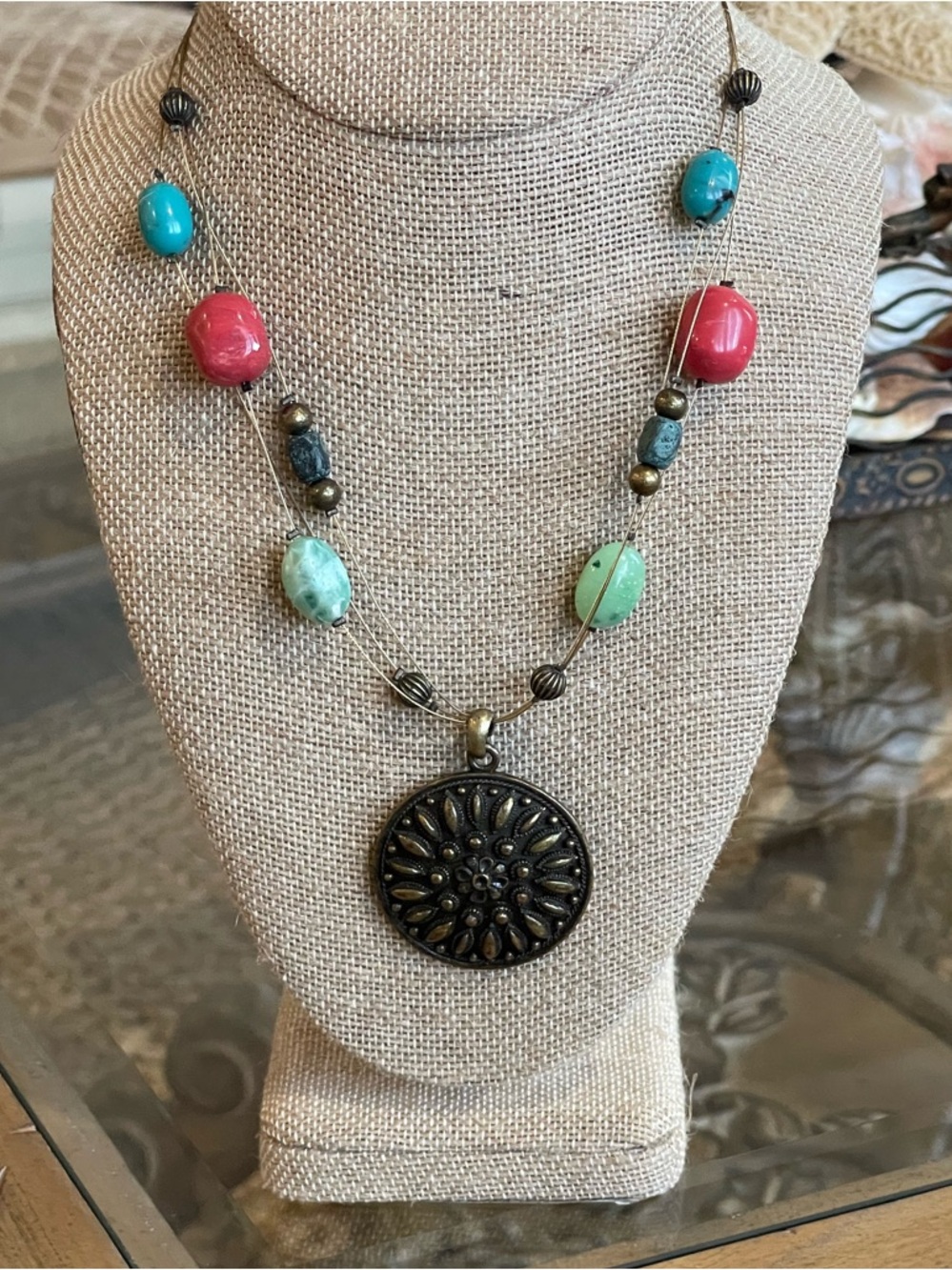 Boho Multi-Bead Pendant Necklace with Coral and Turquoise Accents